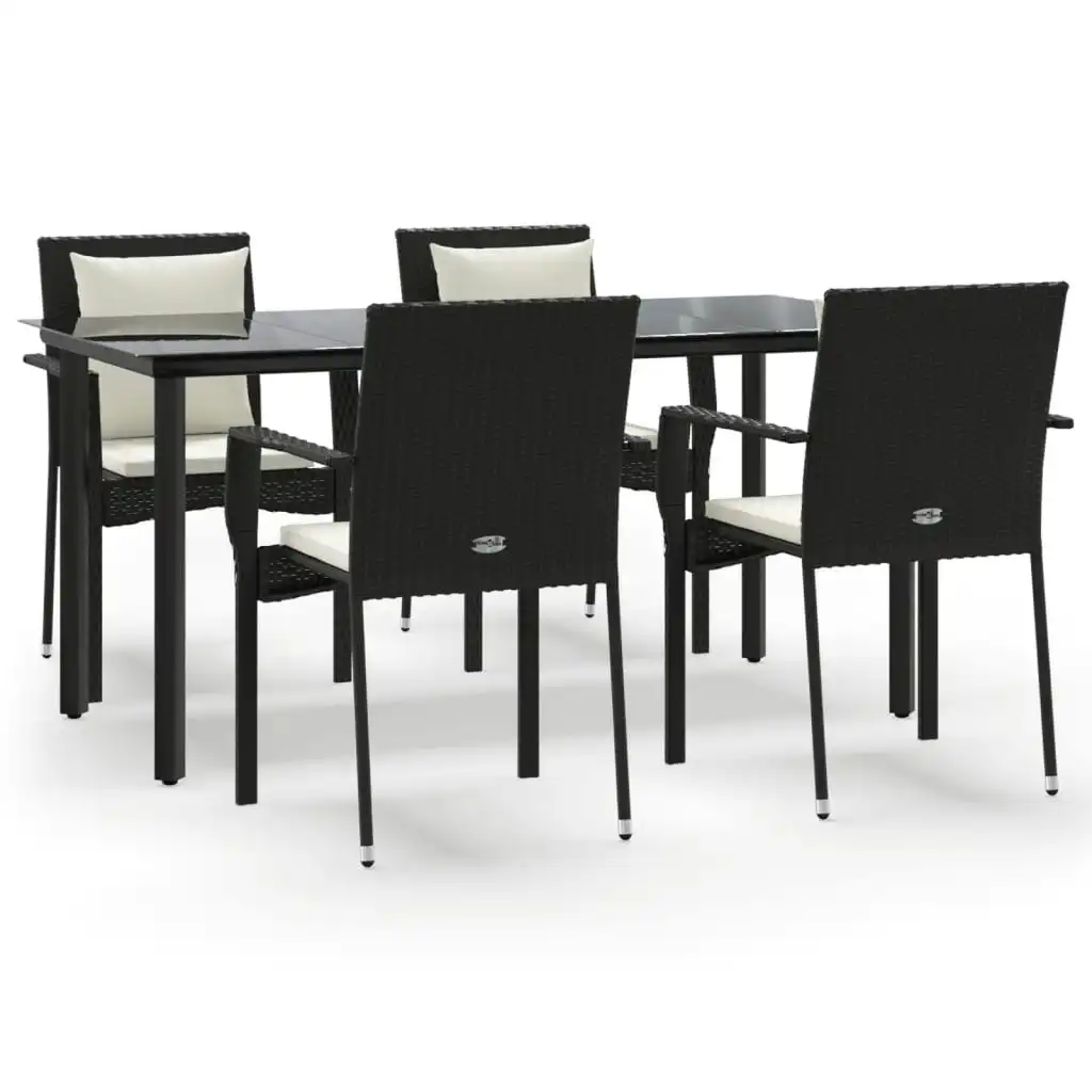 5 Piece Garden Dining Set with Cushions Black Poly Rattan 3185110