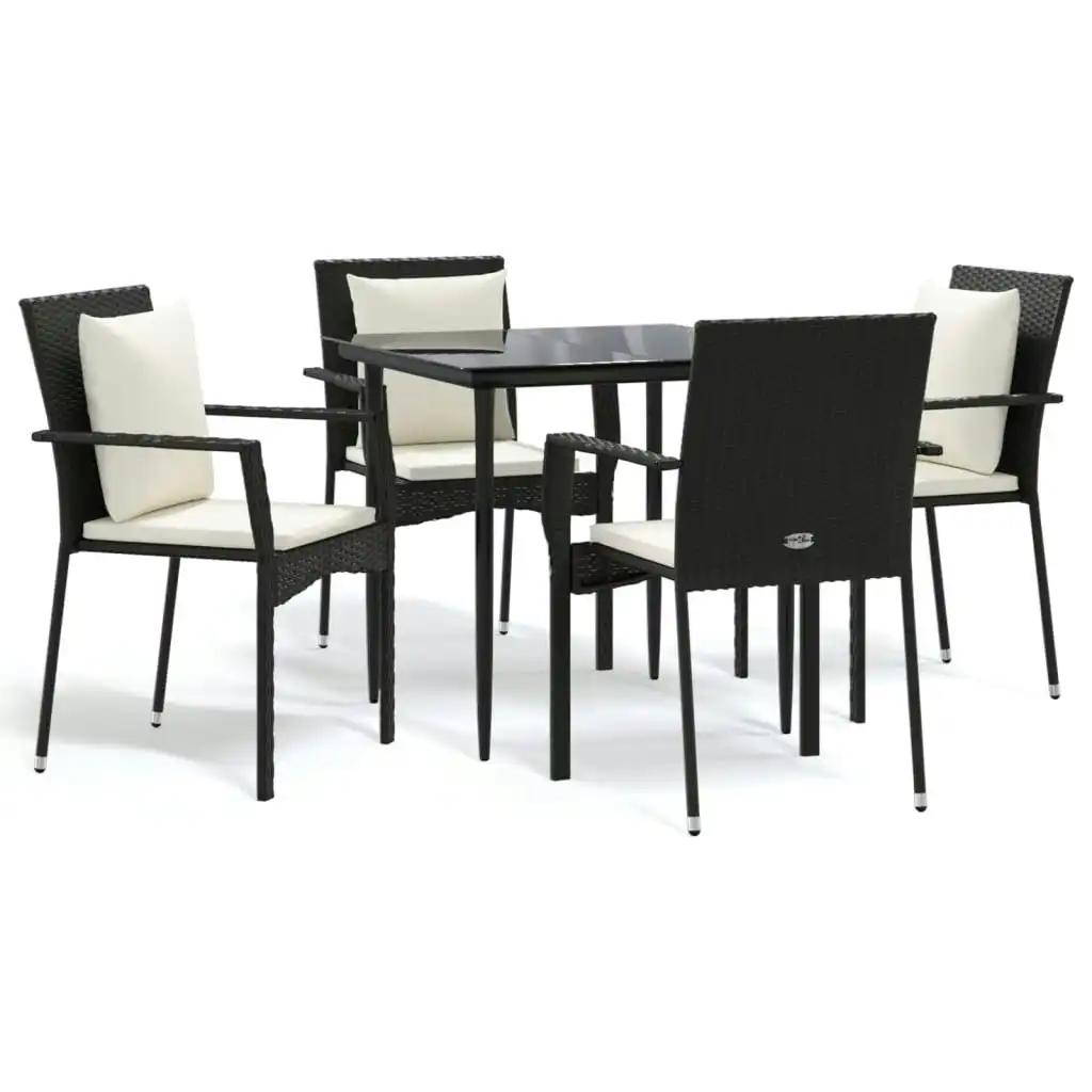 5 Piece Garden Dining Set with Cushions Black Poly Rattan 3185096