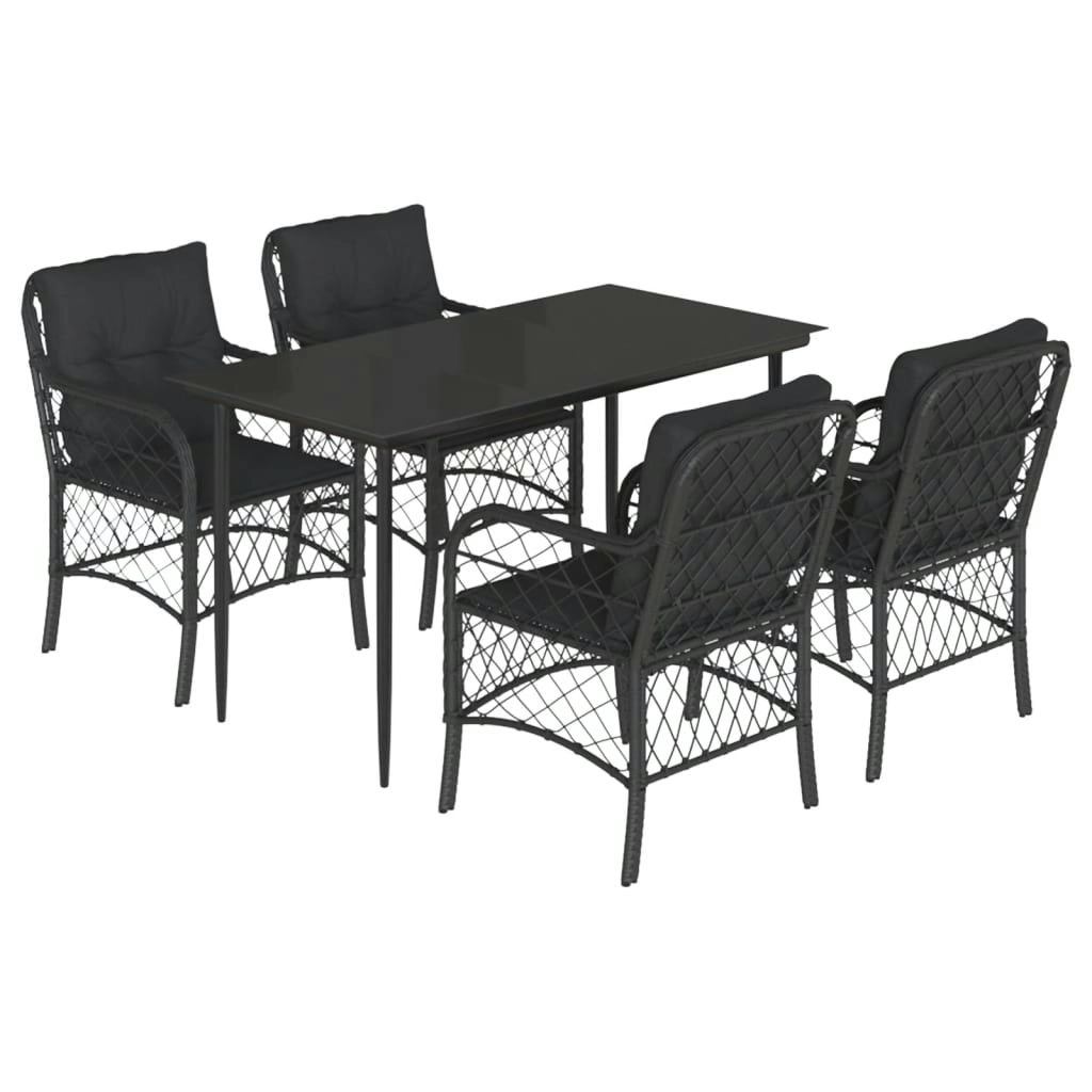 5 Piece Garden Dining Set with Cushions Black Poly Rattan 3212098