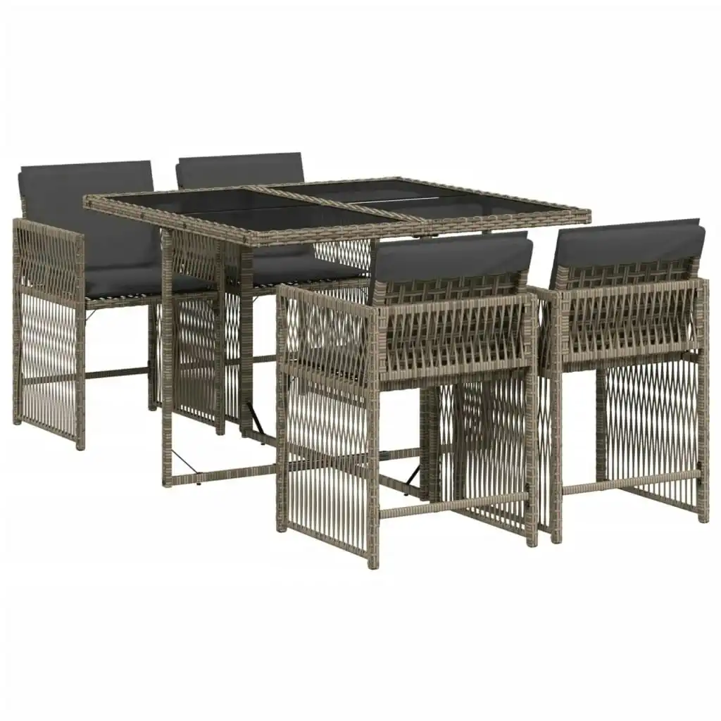 5 Piece Garden Dining Set with Cushions Grey Poly Rattan 3211616