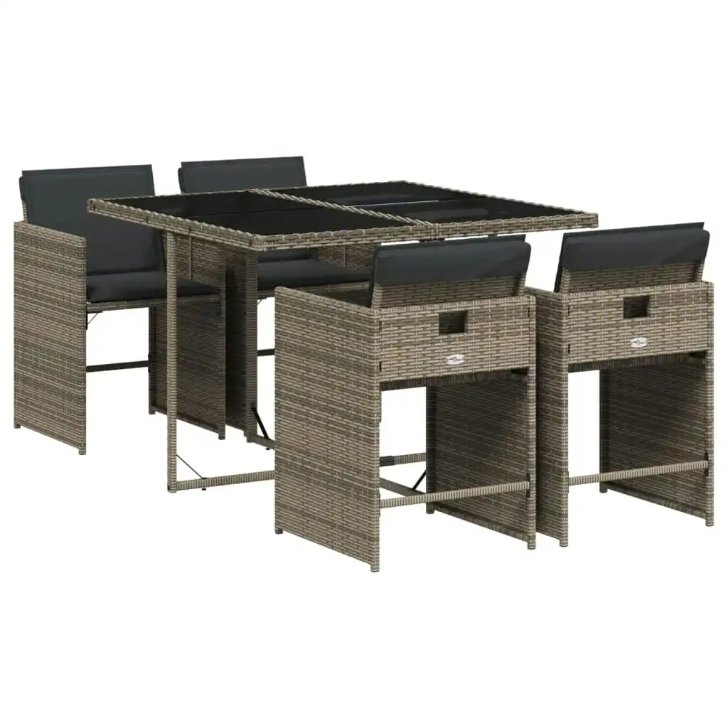 5 Piece Garden Dining Set with Cushions Grey Poly Rattan 3211076