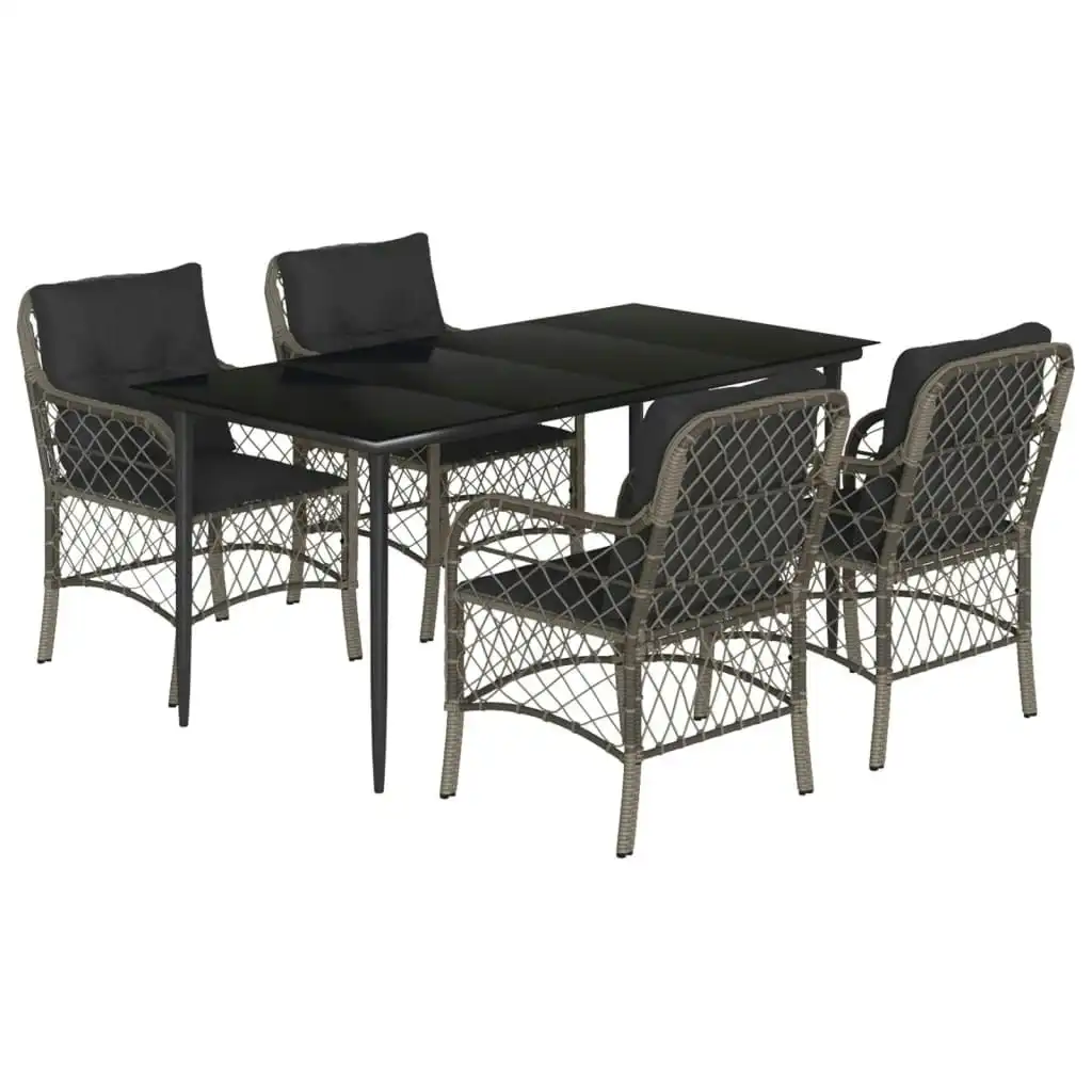 5 Piece Garden Dining Set with Cushions Grey Poly Rattan 3212127