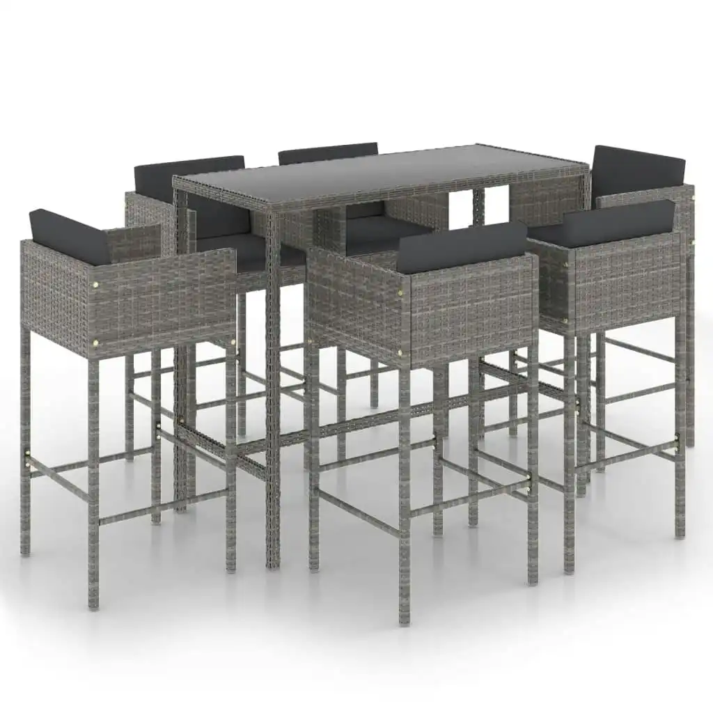 7 Piece Garden Bar Set with Cushions Poly Rattan Grey 3094797