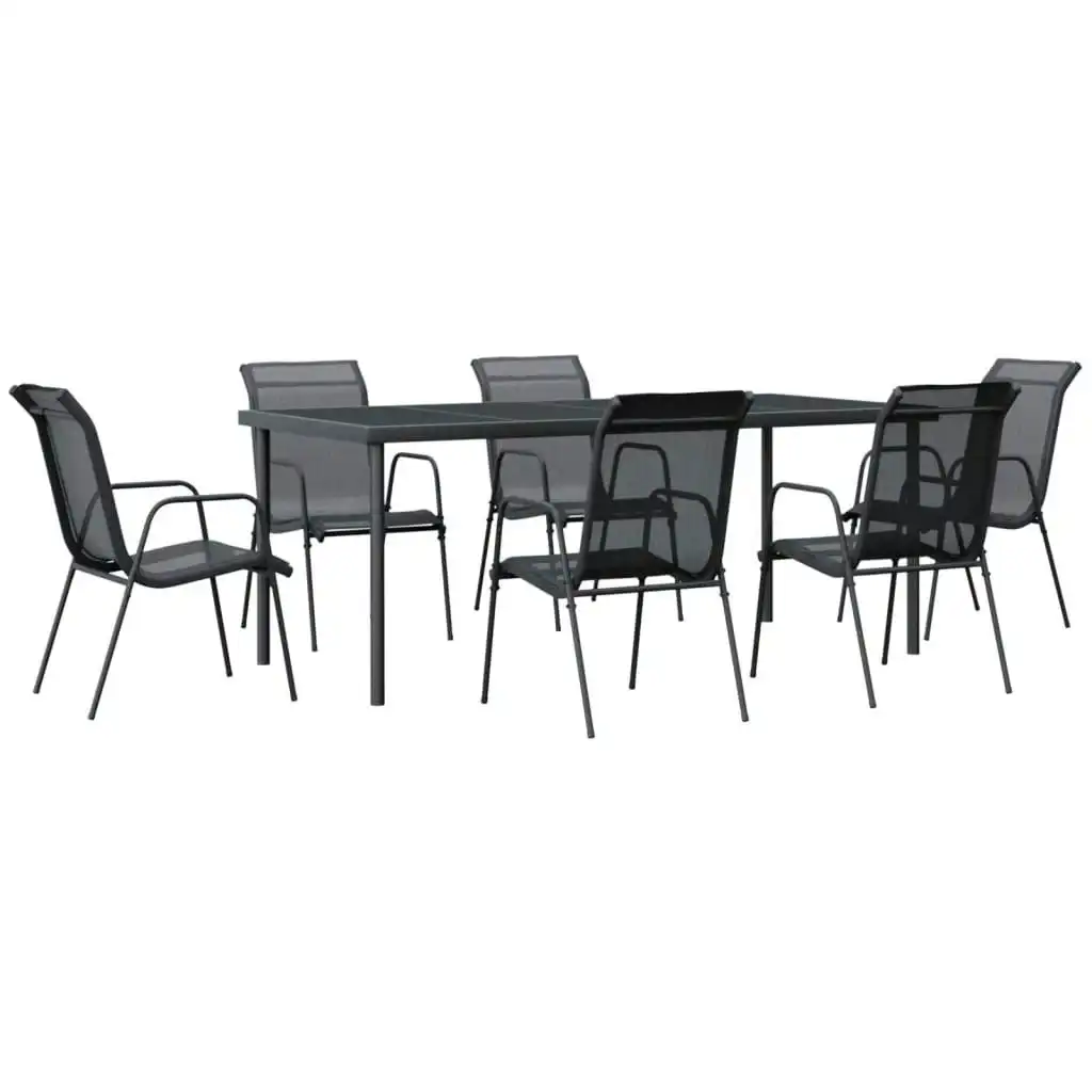 7 Piece Garden Dining Set Black Steel and Textilene 3200680