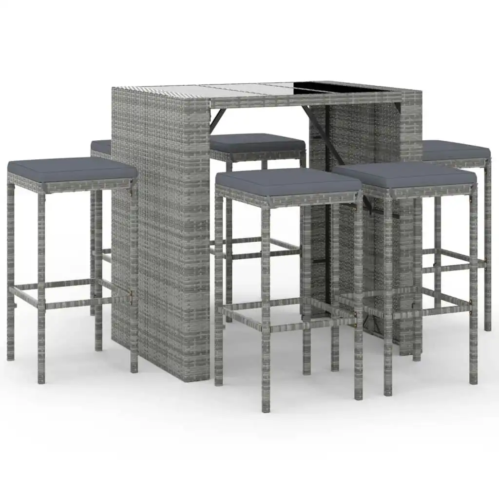 7 Piece Garden Bar Set with Cushions Grey Poly Rattan 3187622