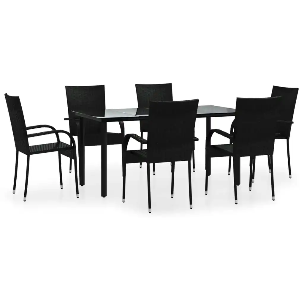 7 Piece Garden Dining Set Black Poly Rattan 3156657