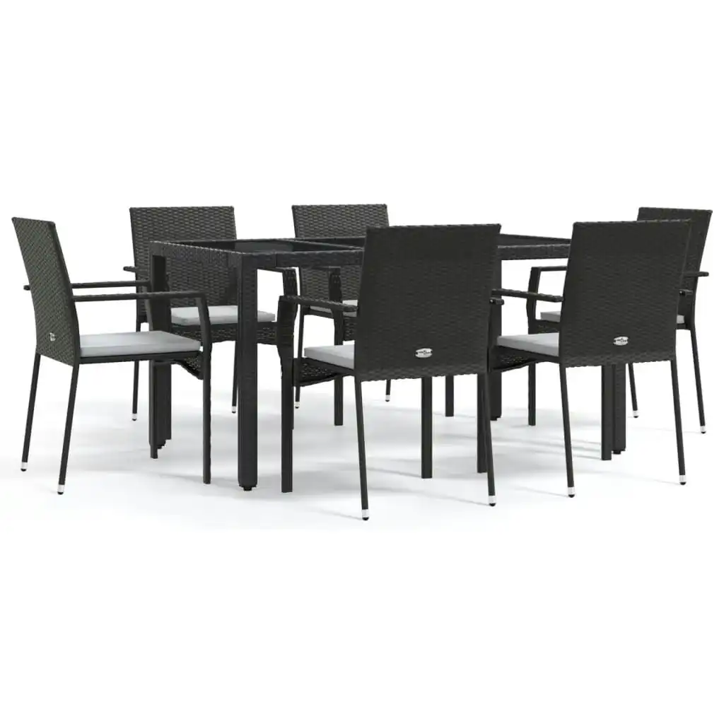 7 Piece Garden Dining Set with Cushions Black Poly Rattan 3184978