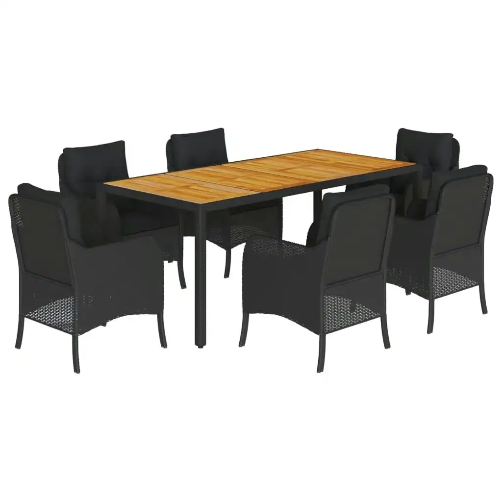 7 Piece Garden Dining Set with Cushions Black Poly Rattan 3211870