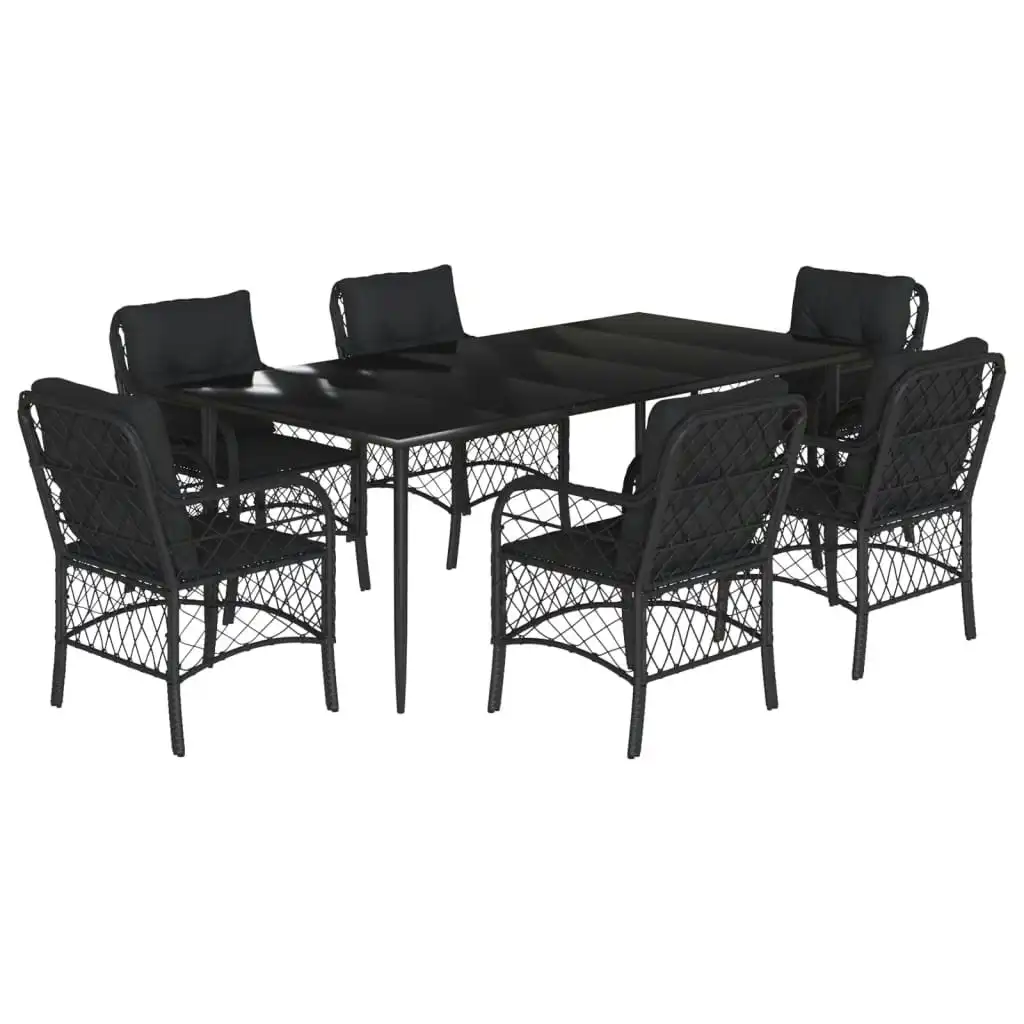 7 Piece Garden Dining Set with Cushions Black Poly Rattan 3212101