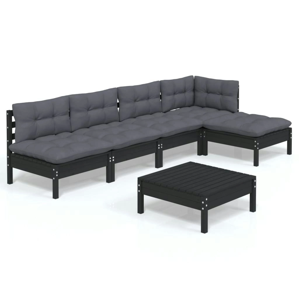 6 Piece Garden Lounge Set with Cushions Black Pinewood 3096344