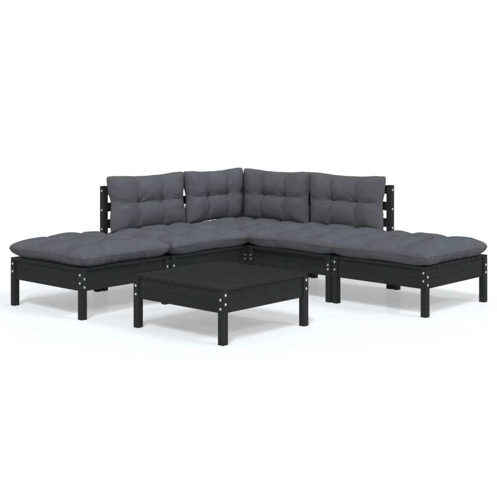 6 Piece Garden Lounge Set with Cushions Black Pinewood 3096320