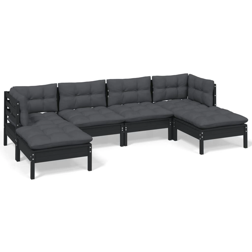 6 Piece Garden Lounge Set with Cushions Black Pinewood 3097083