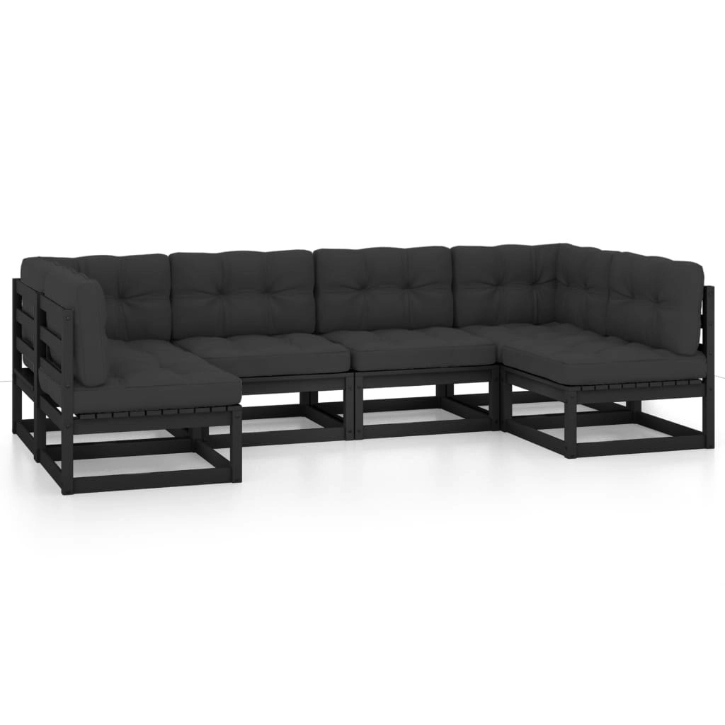 6 Piece Garden Lounge Set with Cushions Black Solid Pinewood 3077178