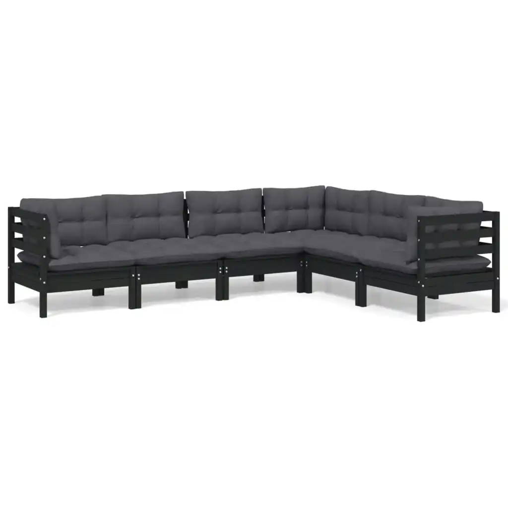 6 Piece Garden Lounge Set with Cushions Black Solid Pinewood 3096687