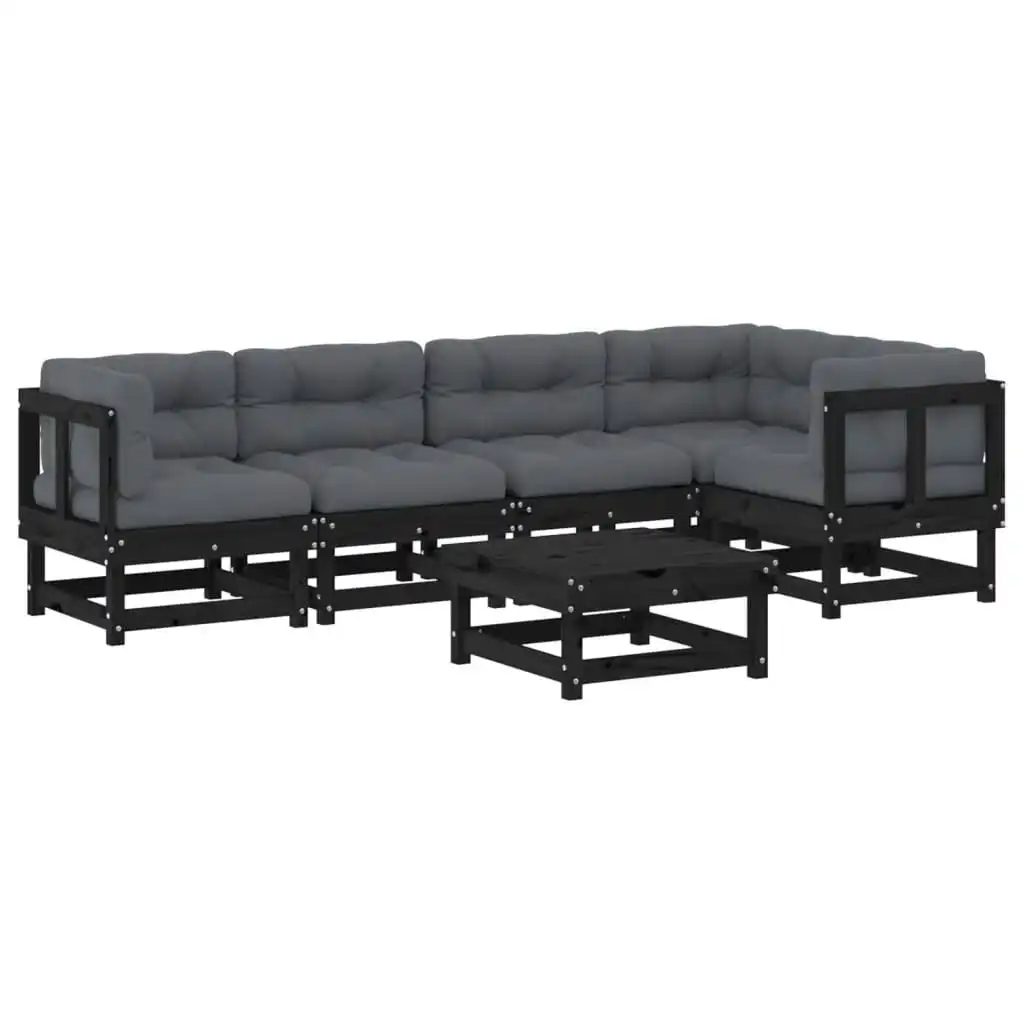 6 Piece Garden Lounge Set with Cushions Black Solid Wood 3185987