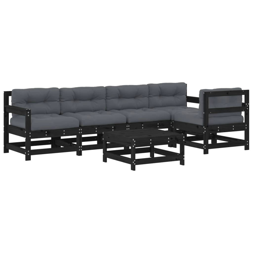 6 Piece Garden Lounge Set with Cushions Black Solid Wood 3186001