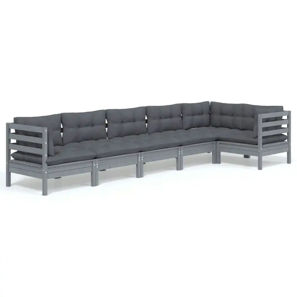 6 Piece Garden Lounge Set with Cushions Grey Pinewood 3096396