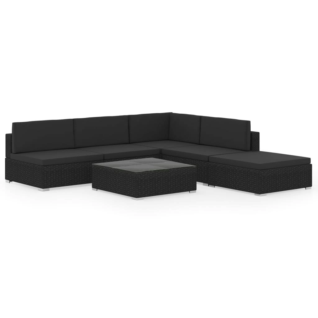 6 Piece Garden Lounge Set Black with Cushions Poly Rattan 47257