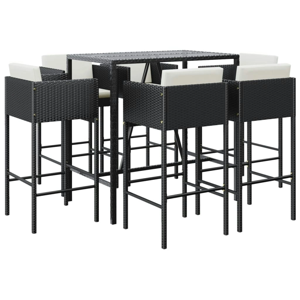 7 Piece Garden Bar Set with Cushions Black Poly Rattan 3200658