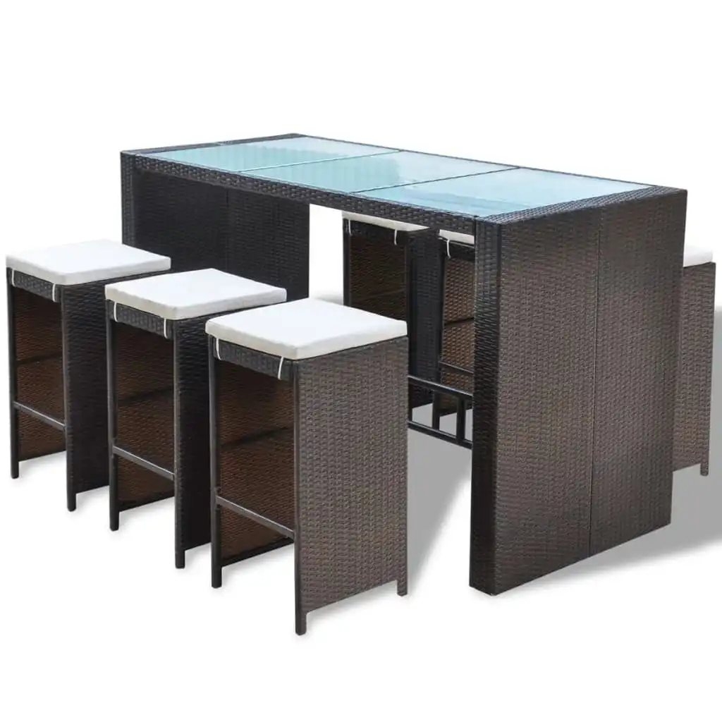 7 Piece Garden Bar Set with Cushions Poly Rattan Brown 41836