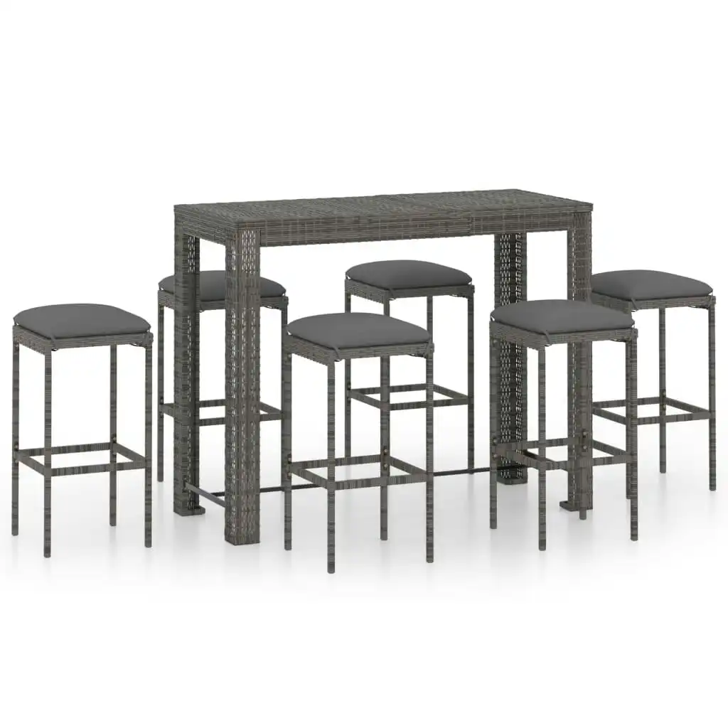 7 Piece Garden Bar Set with Cushions Poly Rattan Grey 3064788