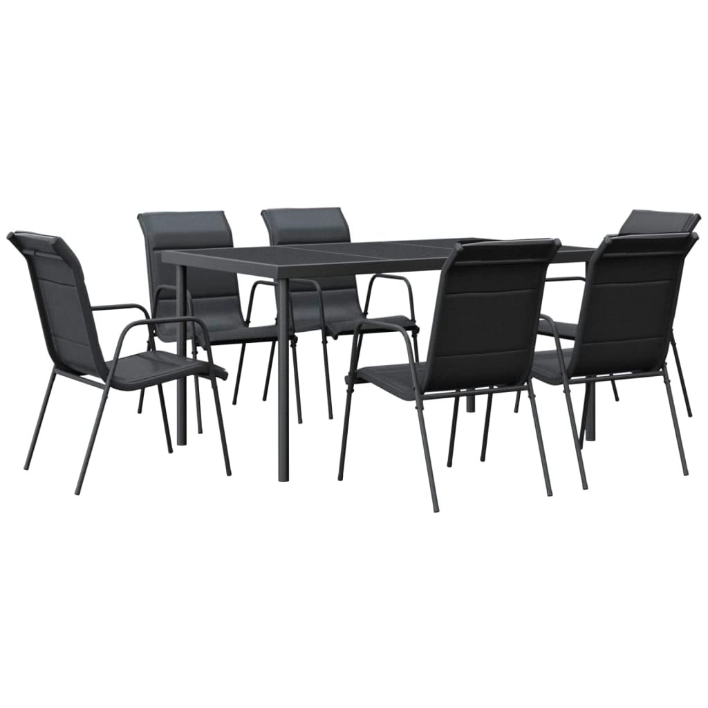 7 Piece Garden Dining Set Black Steel and Textilene 3200699