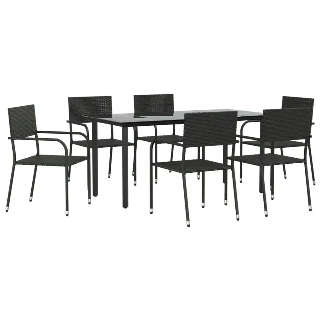 7 Piece Garden Dining Set Black Poly Rattan and Steel 3203285