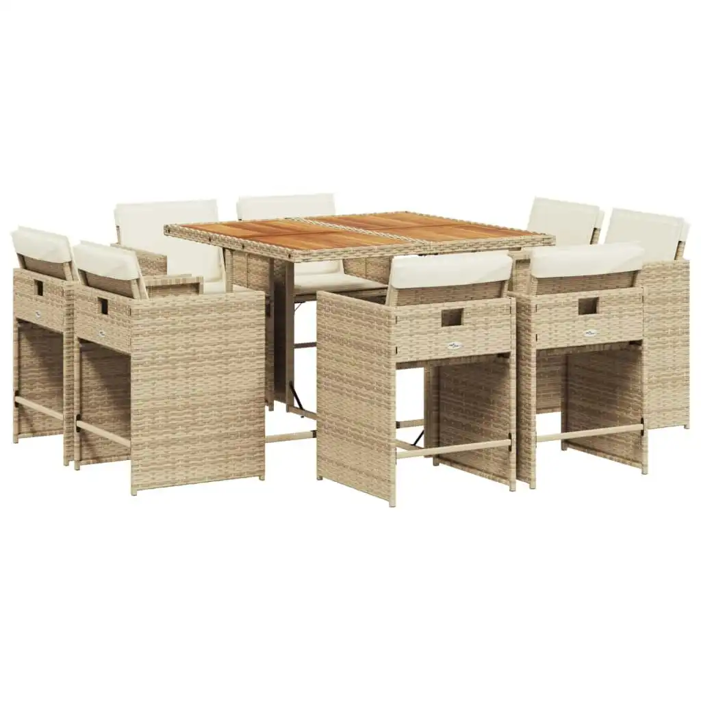 9 Piece Garden Dining Set with Cushions Beige Poly Rattan 3211204