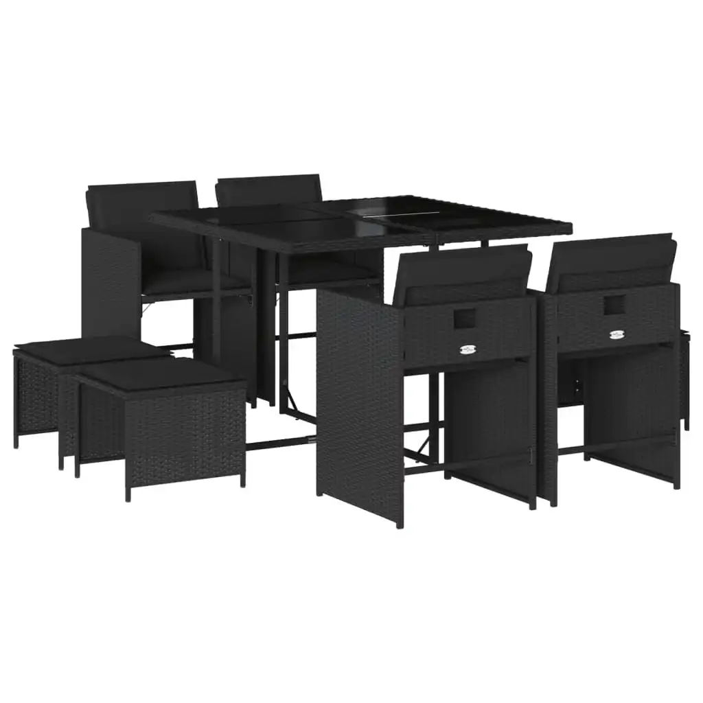 9 Piece Garden Dining Set with Cushions Black Poly Rattan 3211135