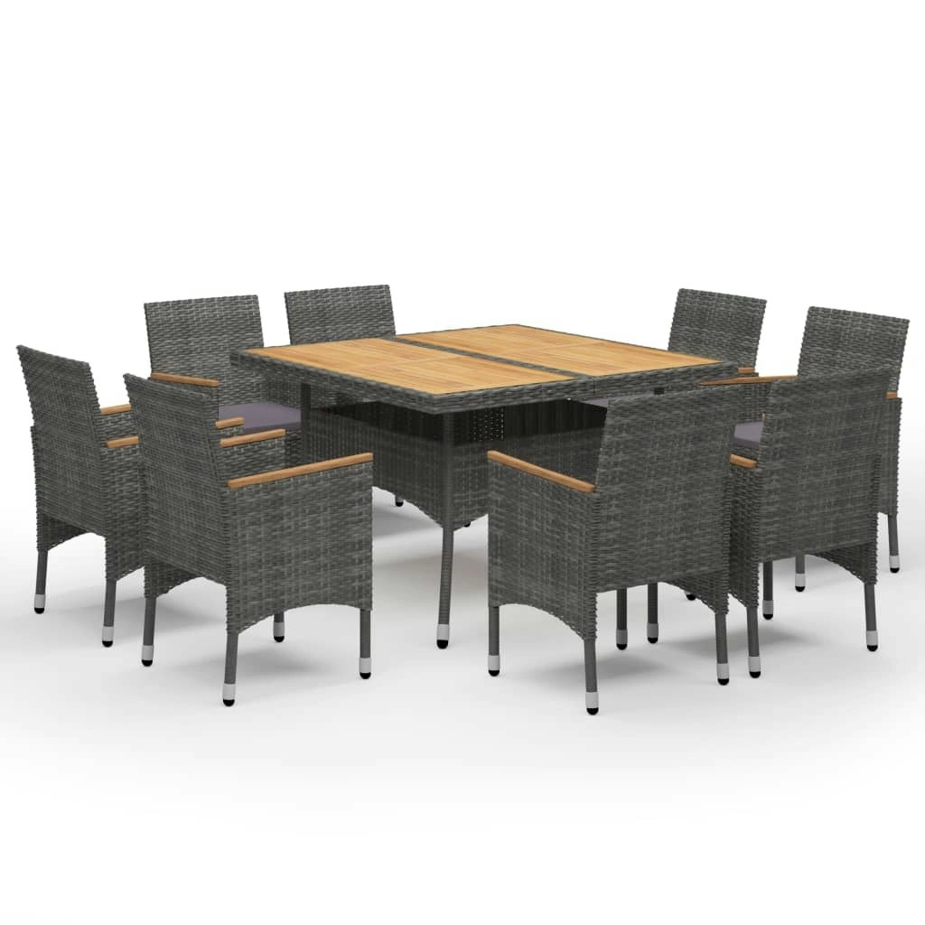 9 Piece Garden Dining Set Poly Rattan and Acacia Wood Grey 3058347