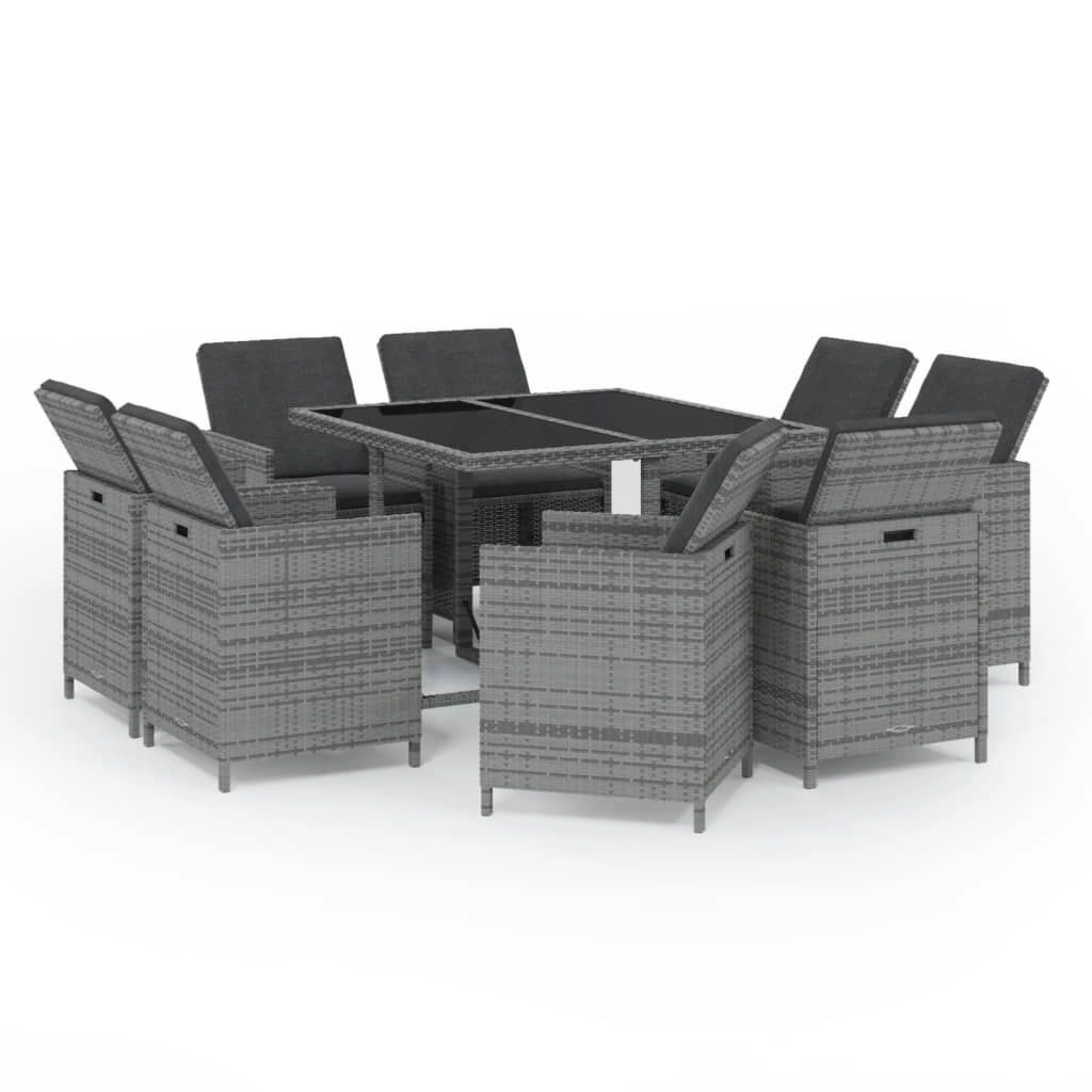 9 Piece Garden Dining Set with Cushions Poly Rattan Grey 3095510