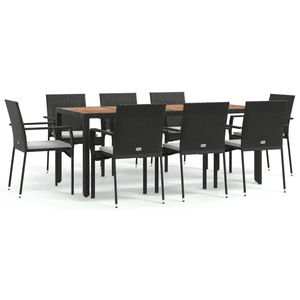 9 Piece Garden Dining Set with Cushions Black Poly Rattan 3184992