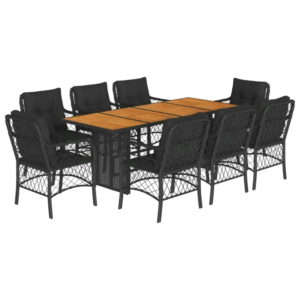 9 Piece Garden Dining Set with Cushions Black Poly Rattan 3212073