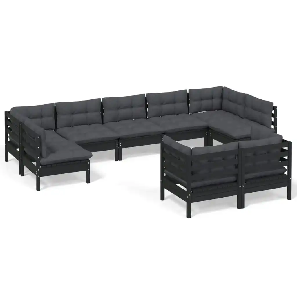 9 Piece Garden Lounge Set with Cushions Black Solid Pinewood 3097251