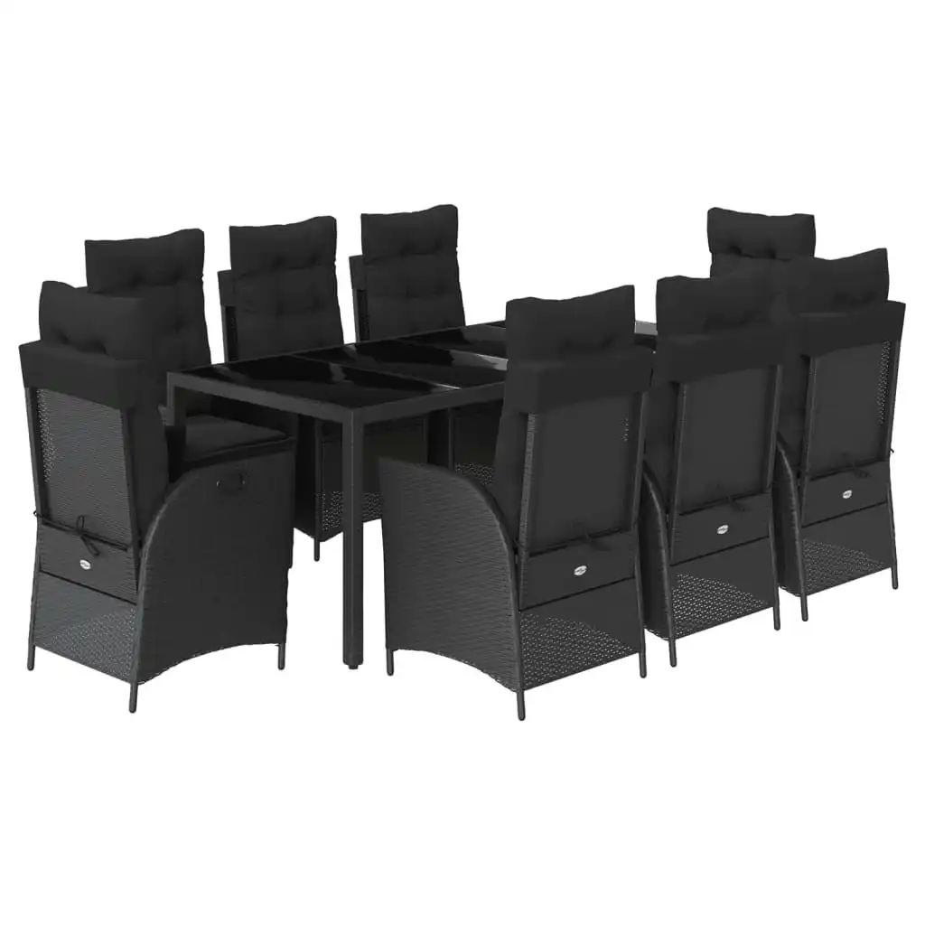 9 Piece Garden Dining Set with Cushions Black Poly Rattan 3213075