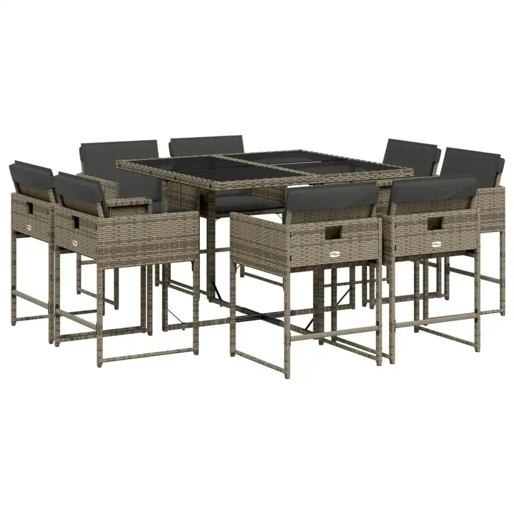 9 Piece Garden Dining Set with Cushions Grey Poly Rattan 3211376