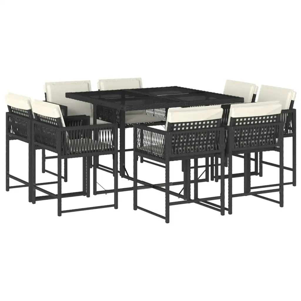 9 Piece Garden Dining Set with Cushions Black Poly Rattan 3211554