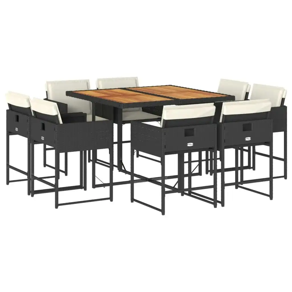 9 Piece Garden Dining Set with Cushions Black Poly Rattan 3211383