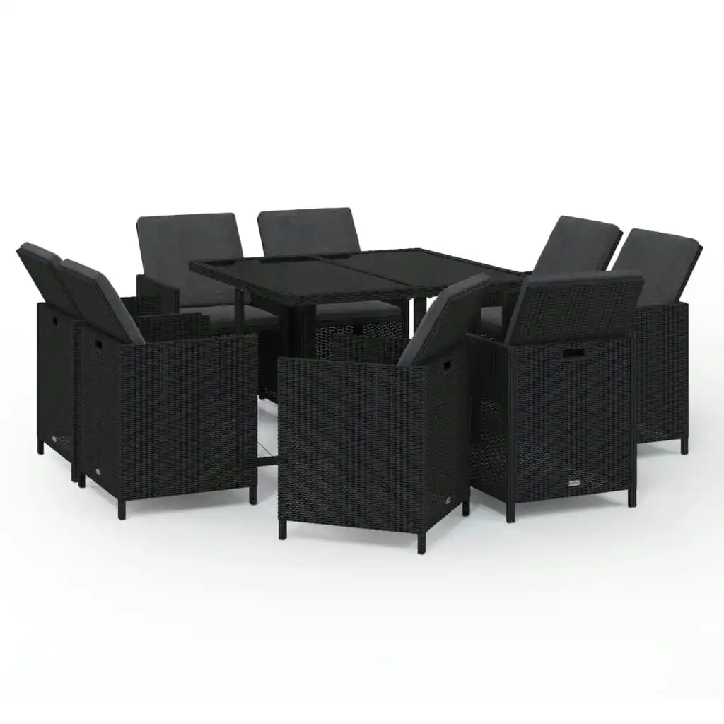 9 Piece Garden Dining Set with Cushions Poly Rattan Black 3095506