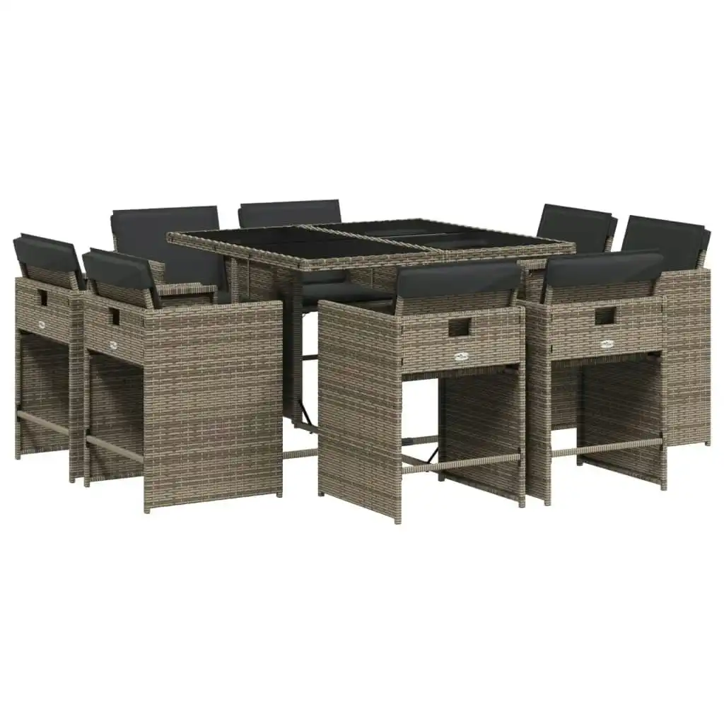 9 Piece Garden Dining Set with Cushions Grey Poly Rattan 3211196