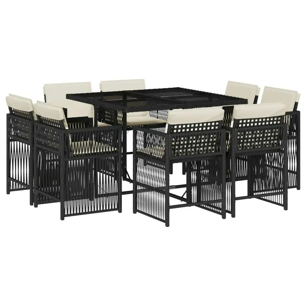 9 Piece Garden Dining Set with Cushions Black Poly Rattan 3211734