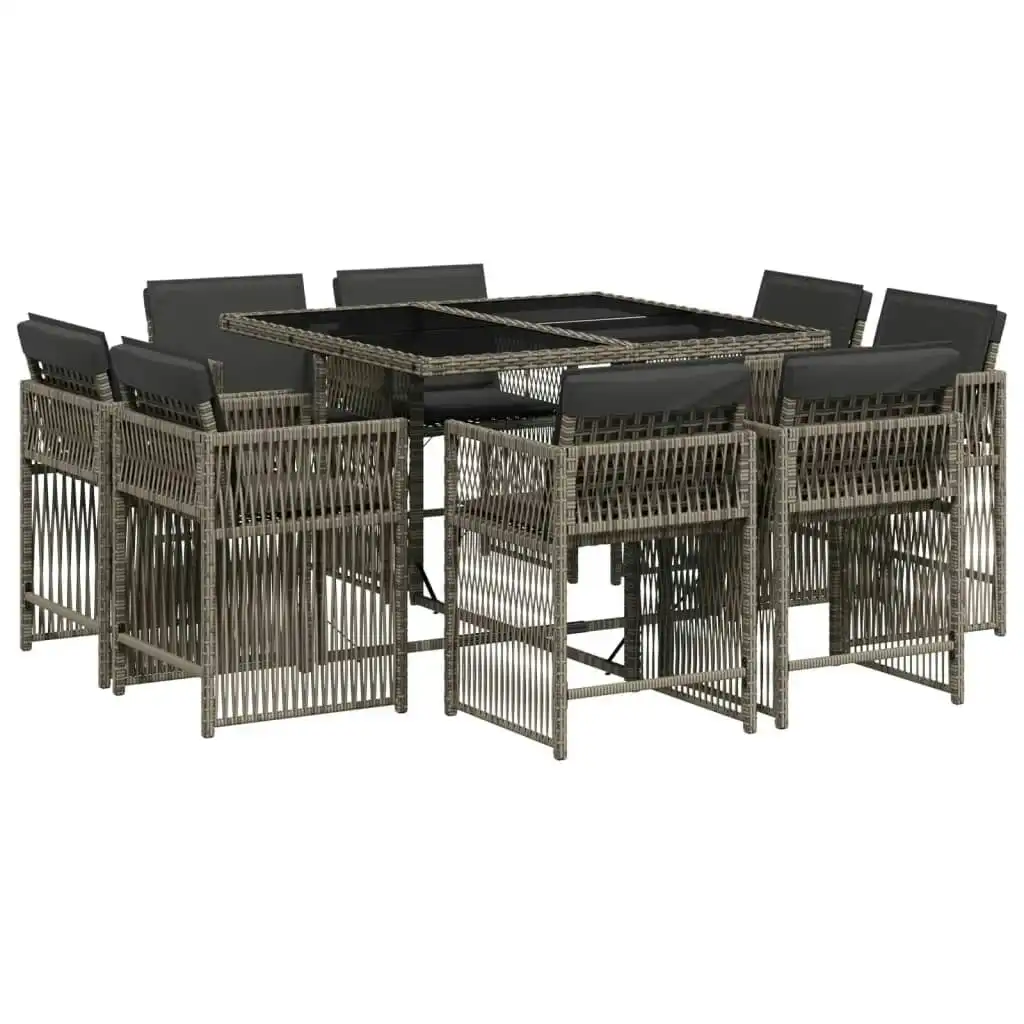 9 Piece Garden Dining Set with Cushions Grey Poly Rattan 3211736