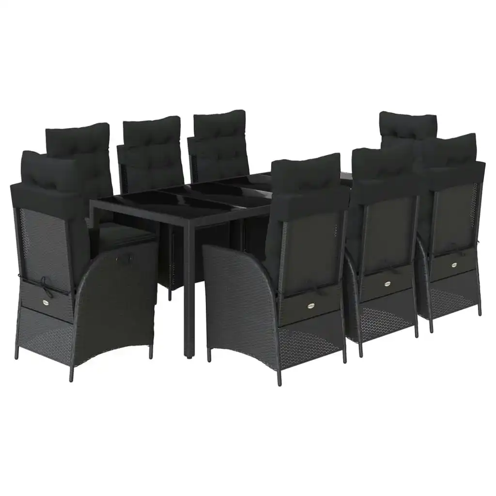 9 Piece Garden Dining Set with Cushions Black Poly Rattan 3213325