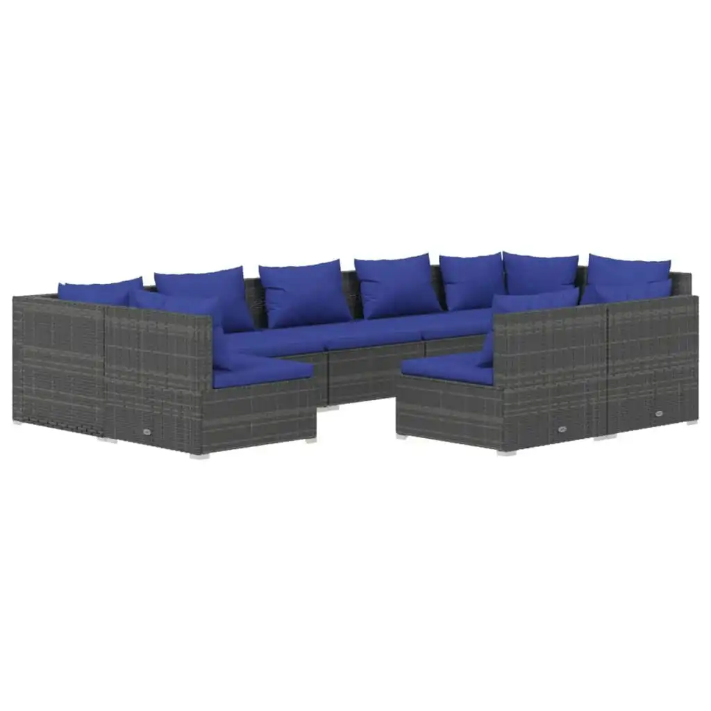 9 Piece Garden Lounge Set with Cushions Grey Poly Rattan 3102030