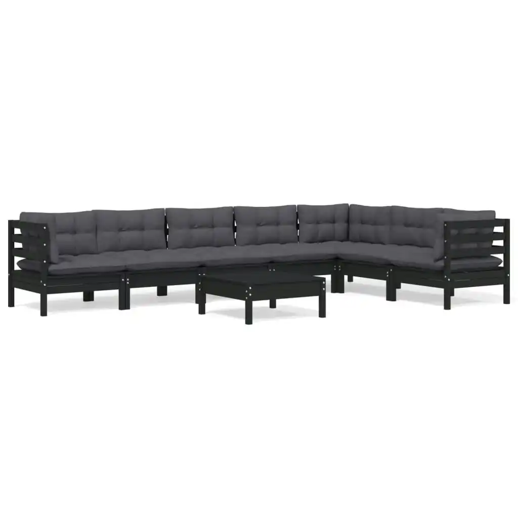 8 Piece Garden Lounge Set with Cushions Black Solid Pinewood 3096705