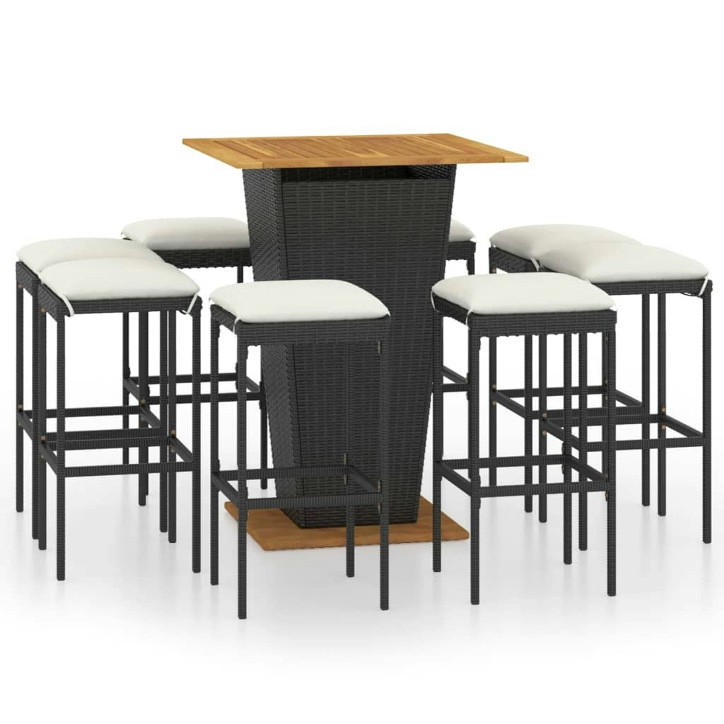 9 Piece Garden Bar Set with Cushions Poly Rattan Black 3064854