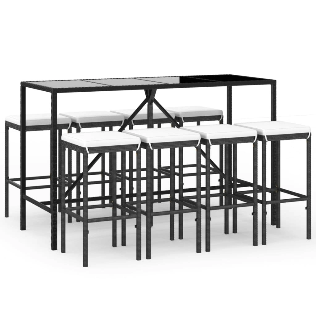 9 Piece Garden Bar Set with Cushions Black Poly Rattan 3187637