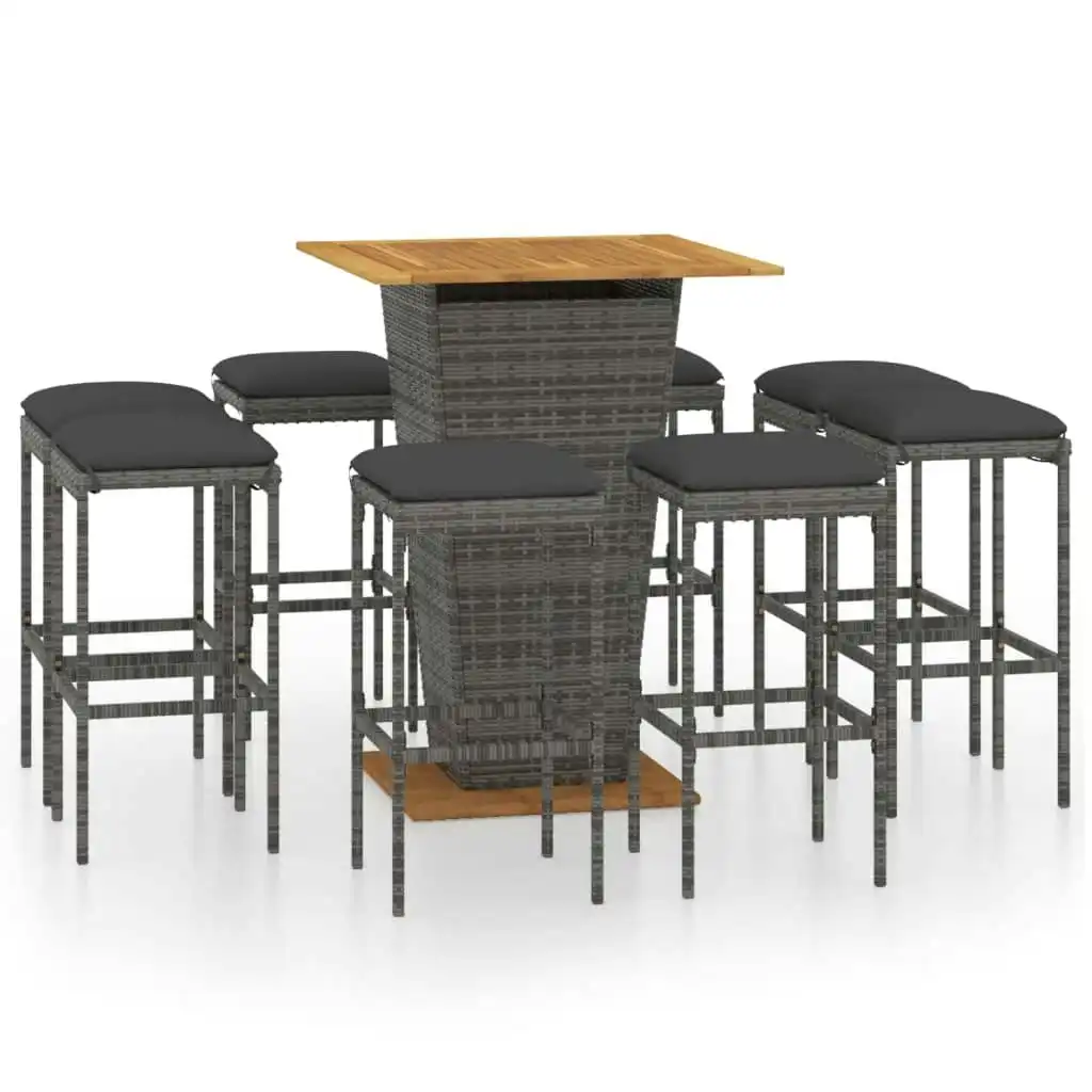 9 Piece Garden Bar Set with Cushions Poly Rattan Grey 3064855