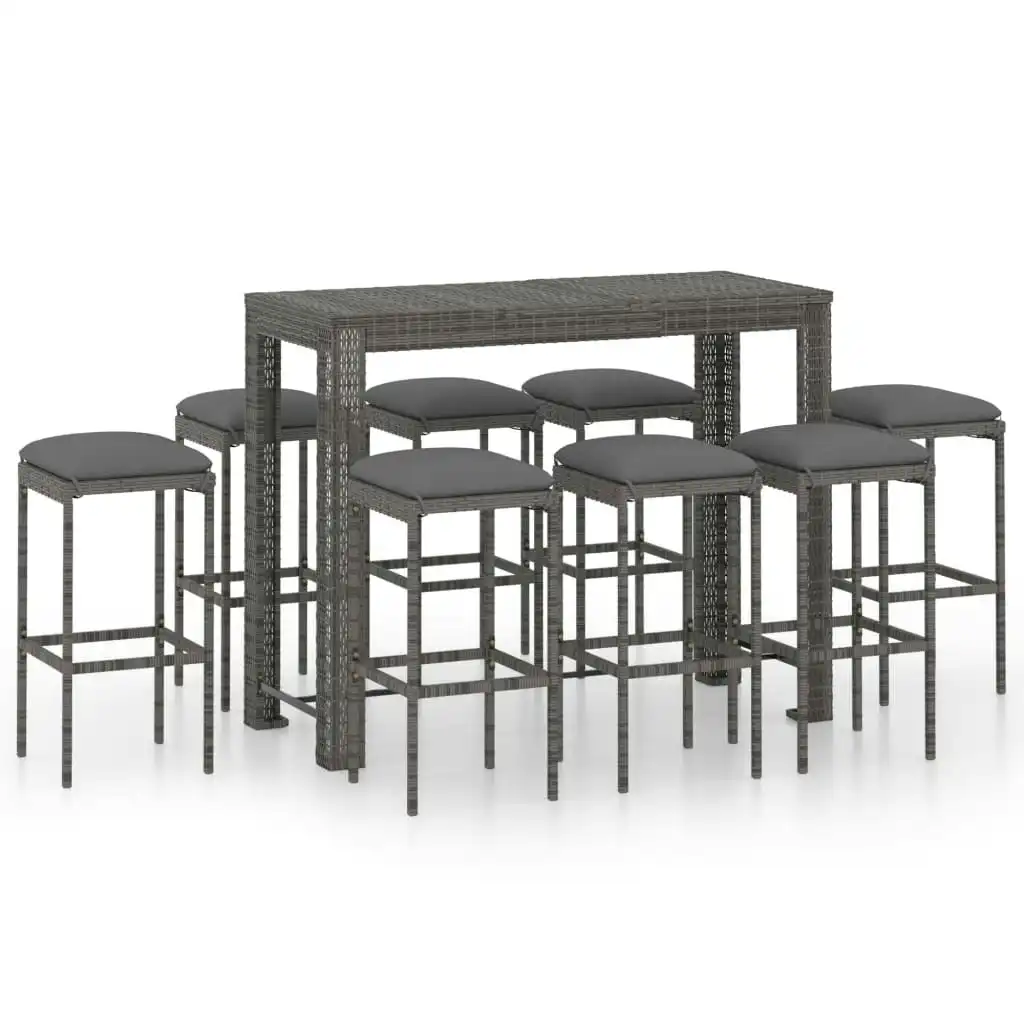 9 Piece Garden Bar Set with Cushions Poly Rattan Grey 3064791