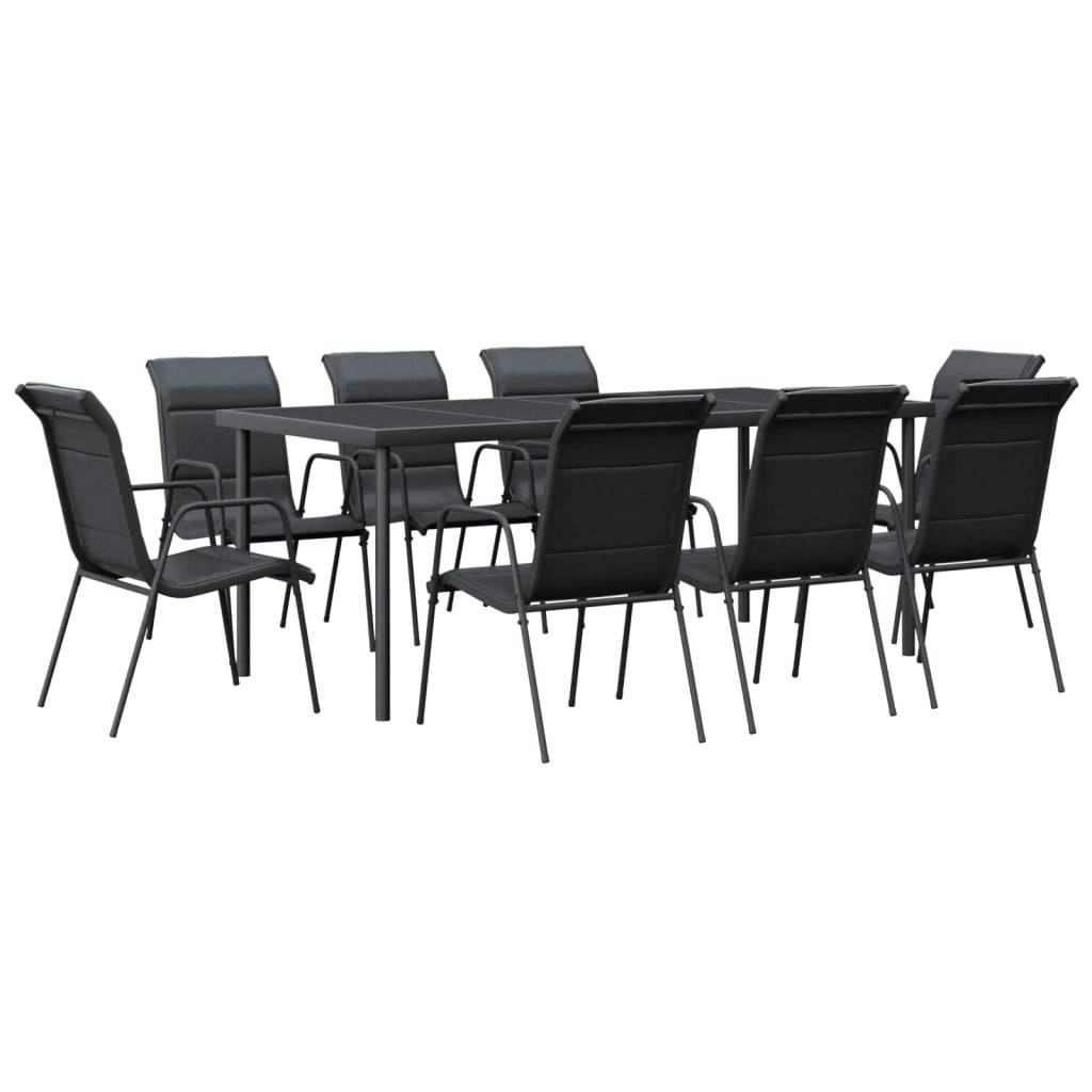 9 Piece Garden Dining Set Black Steel and Textilene 3200701